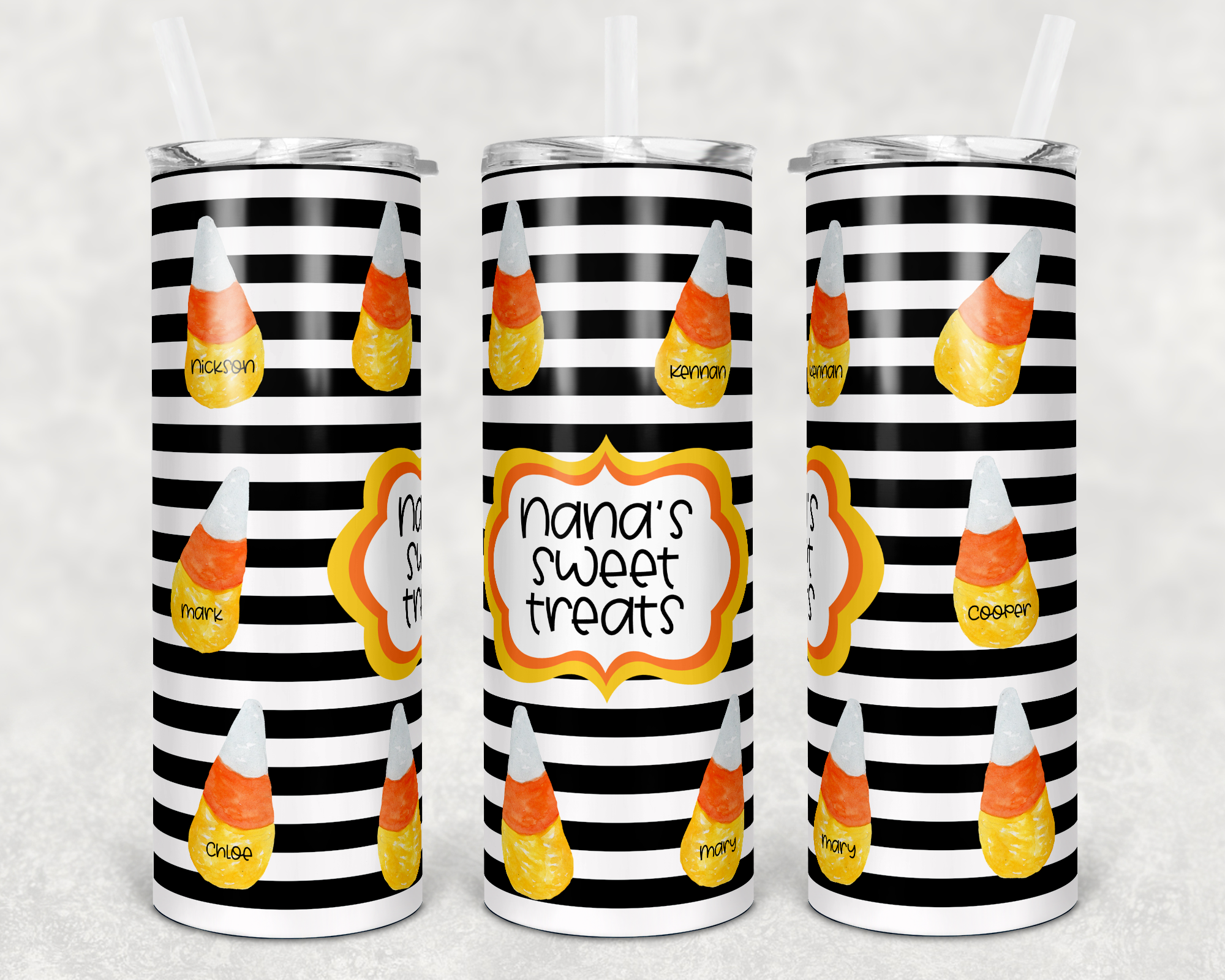 Nana's Sweet Treats Customizable Name Candy Corn 20 oz Skinny Sublimation Tumbler