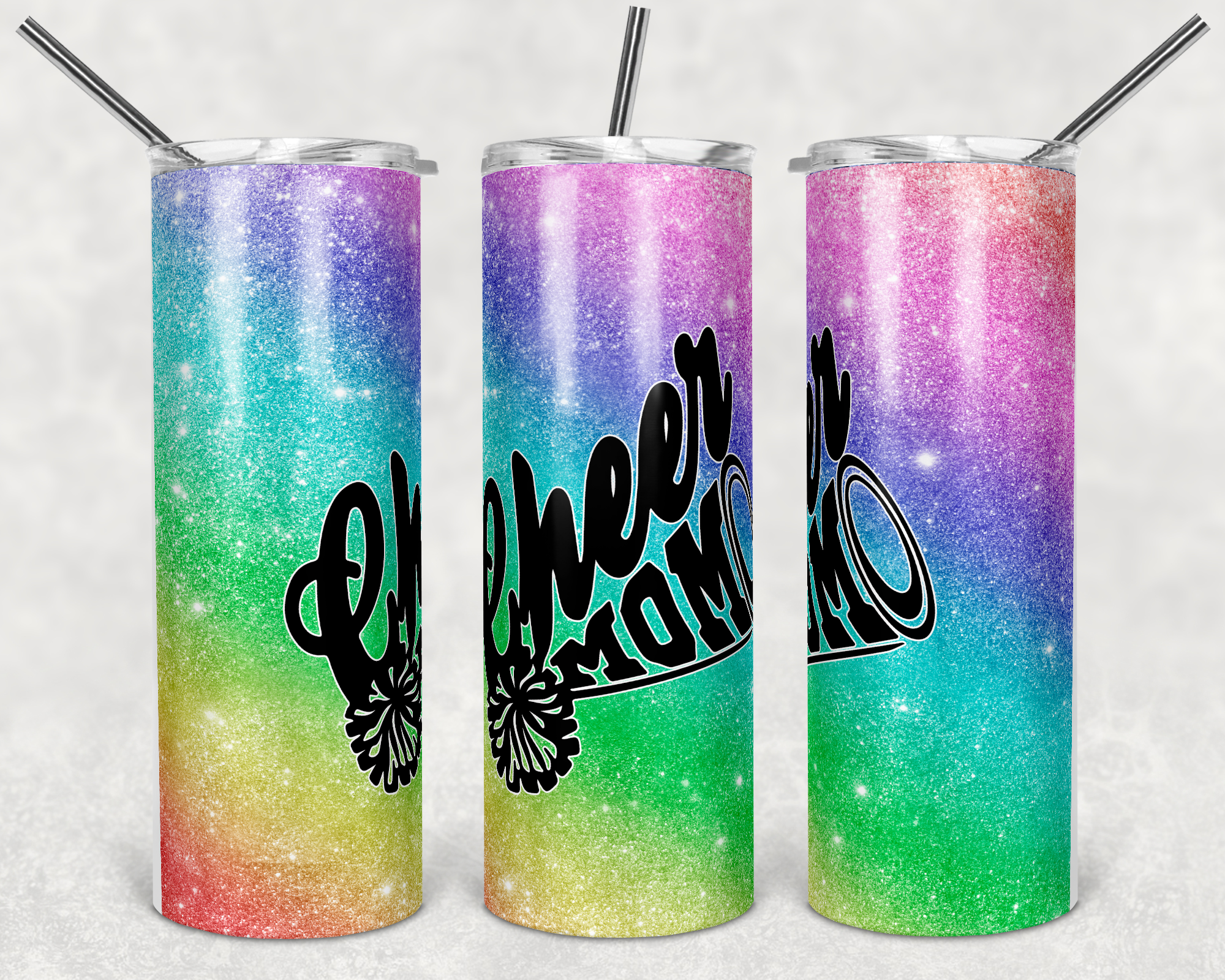 Rainbow Cheer Mom Black Megaphone 20 oz Skinny Sublimation Tumbler