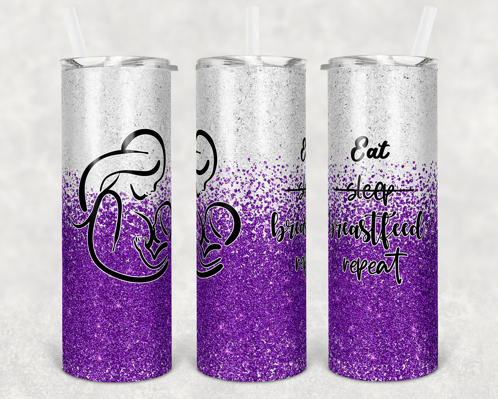 Eat Sleep Breastfeed Repeat Purple Faux Glitter 20 oz Skinny Sublimation Tumbler