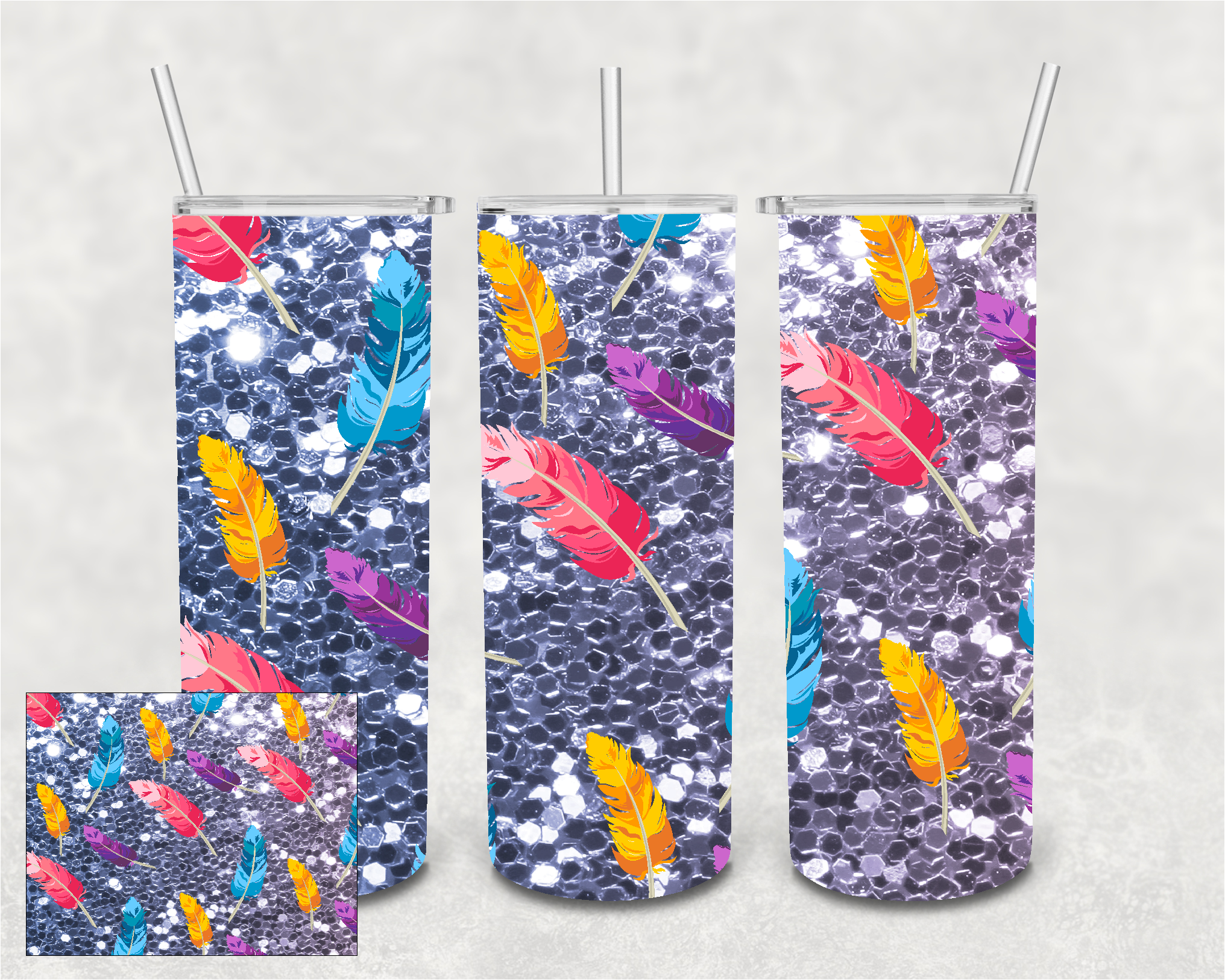 Feather Faux Glitter 20 oz Skinny Sublimation Tumbler
