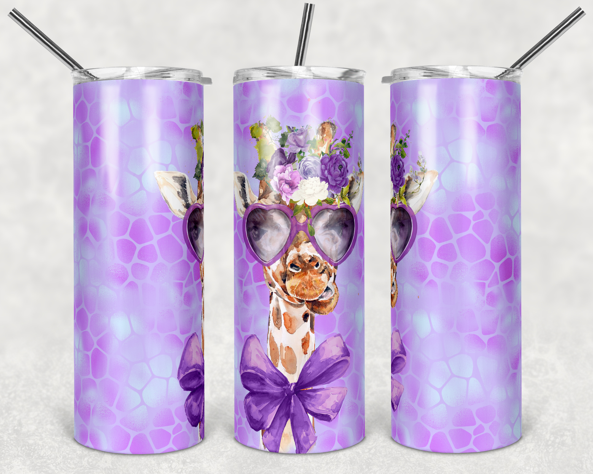 Purple Background Giraffe with Sunglasses 20 oz Skinny Sublimation Tumbler
