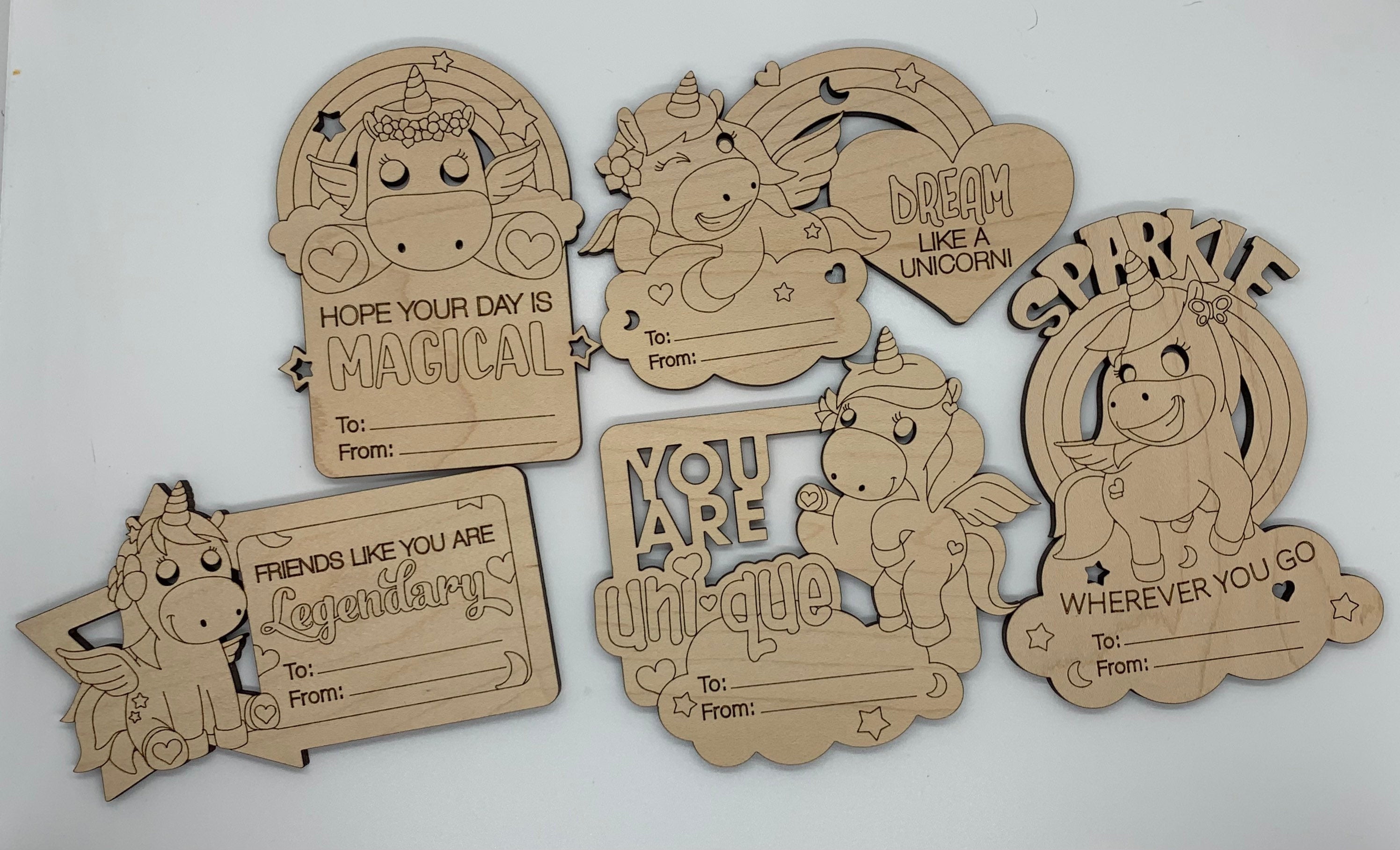 Valentine: DIY Coloring Valentines Wooden Laser Cut and Engraved Unicorns