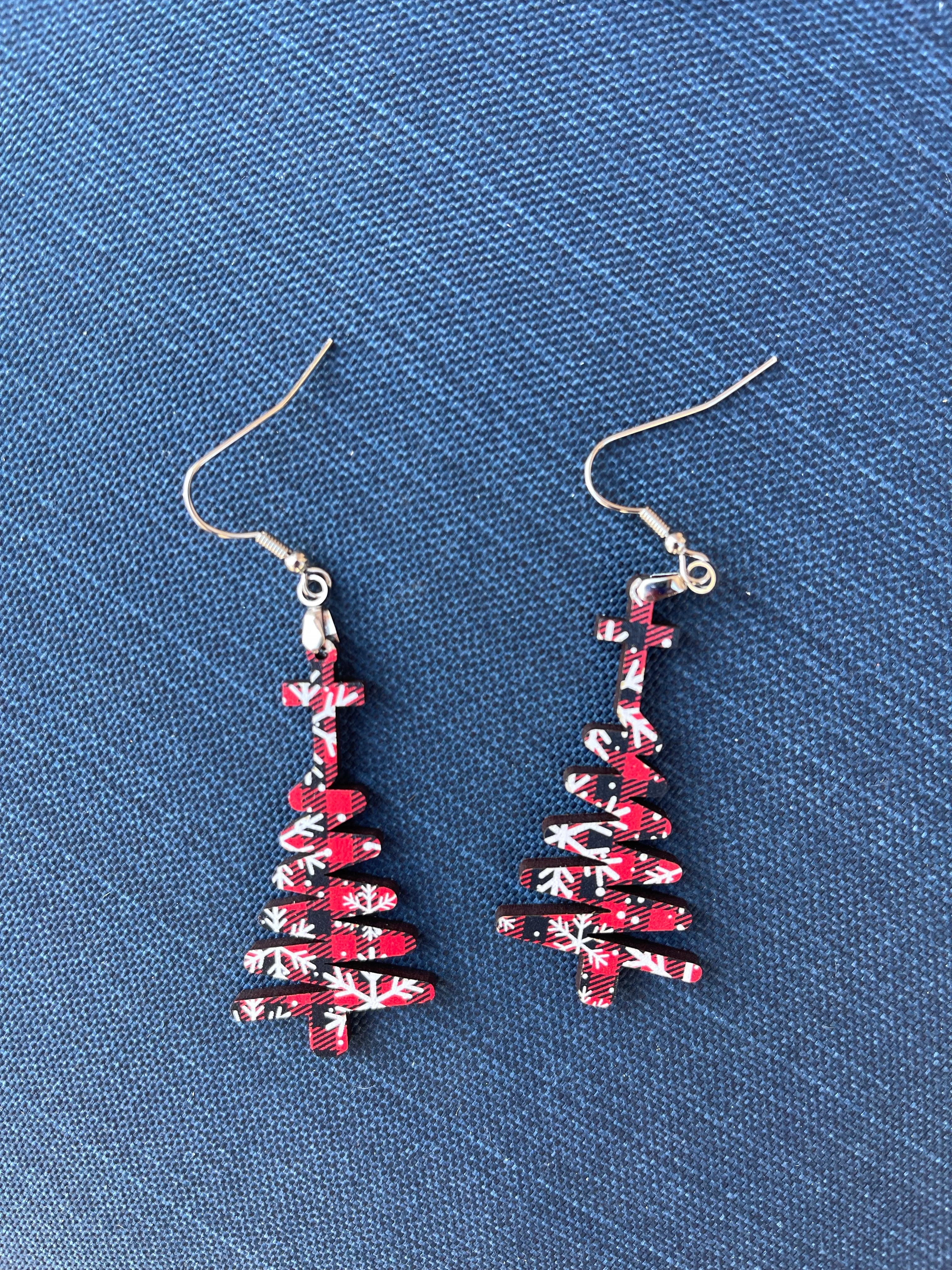 Snowflake Red Buffalo Plaid Cross Doodle Christmas Tree Dangle Earrings