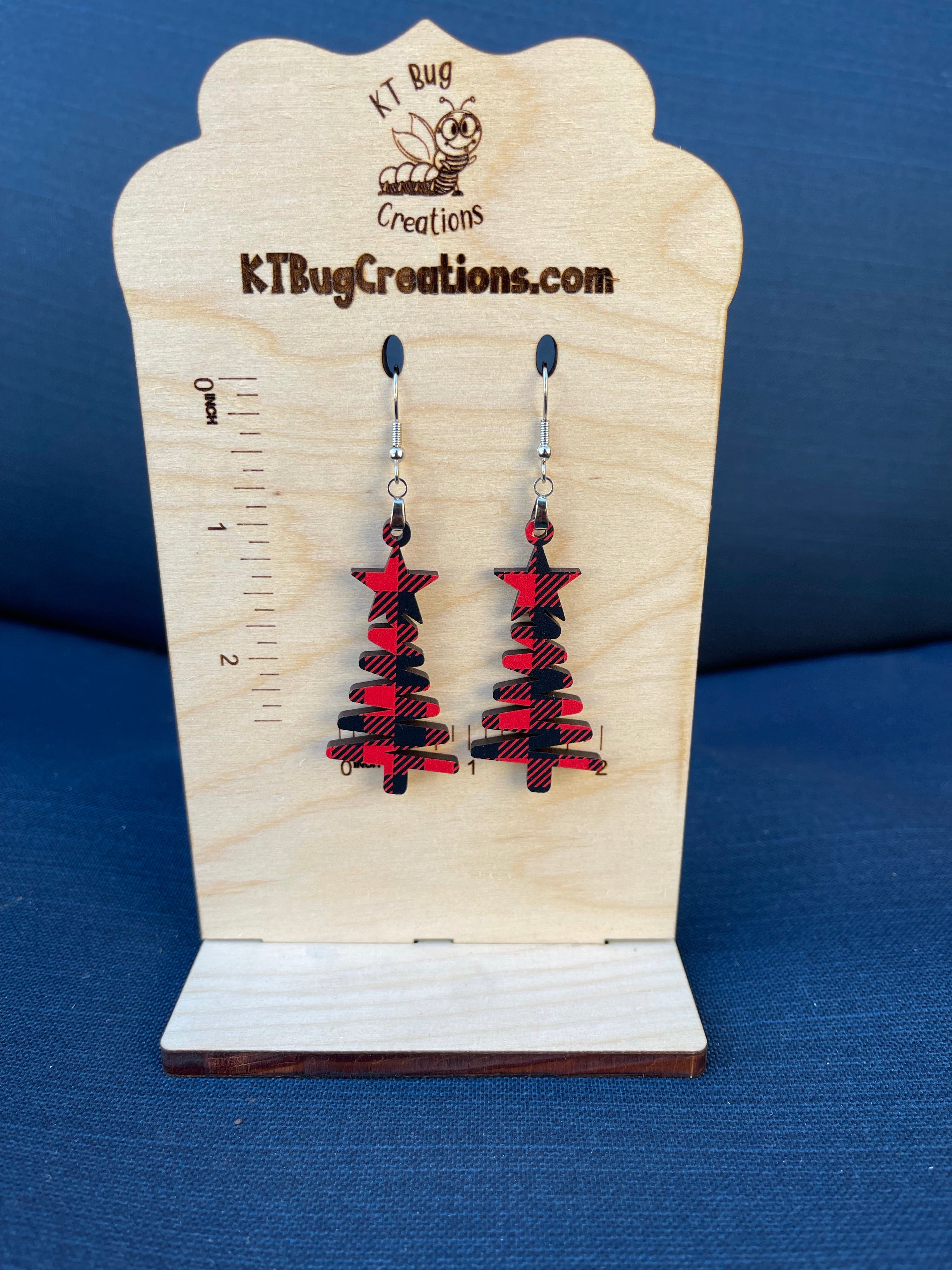 Buffalo Plaid Star Doodle Christmas Tree Dangle Earrings
