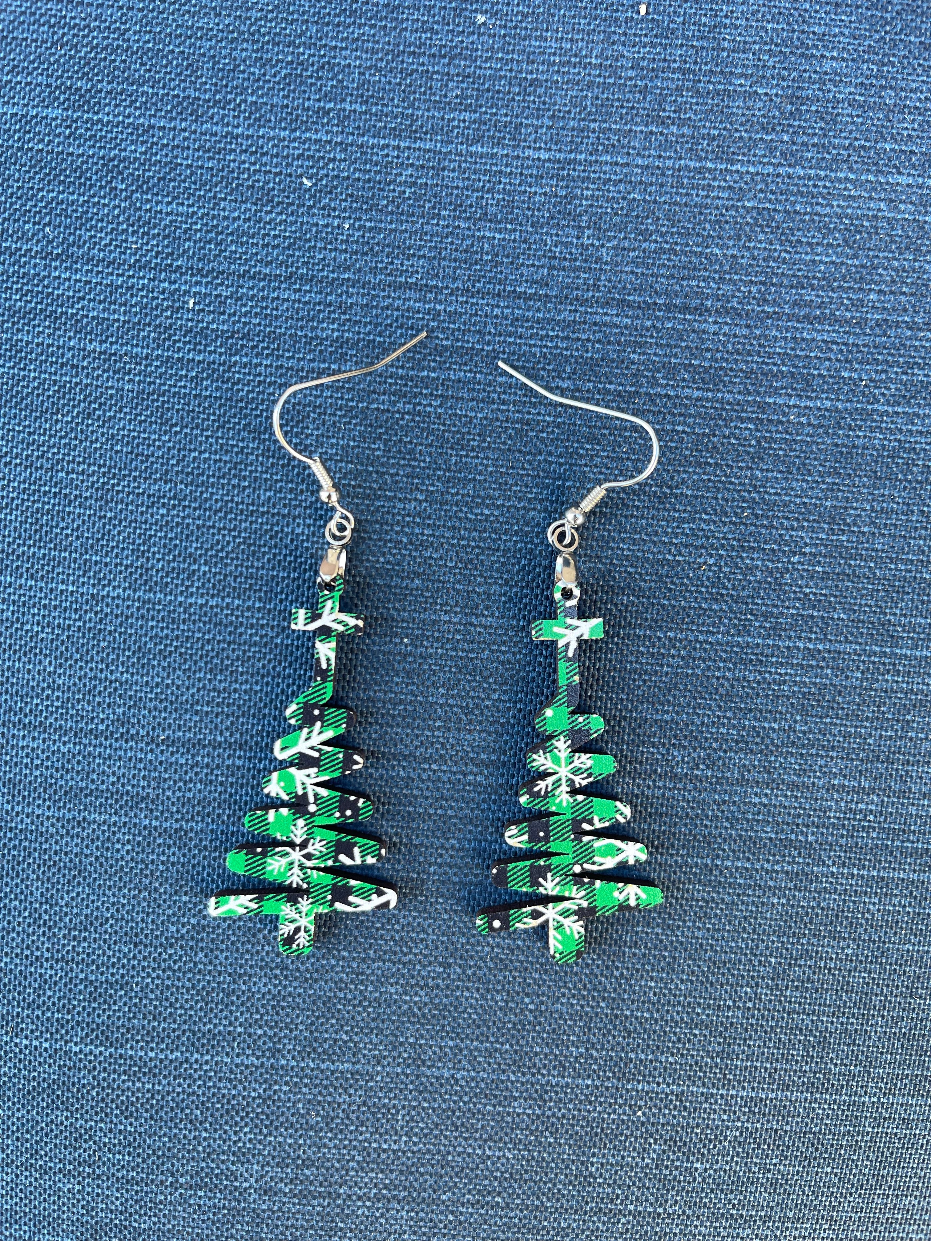 Snowflake Green Buffalo Plaid Cross Doodle Christmas Tree Dangle Earrings