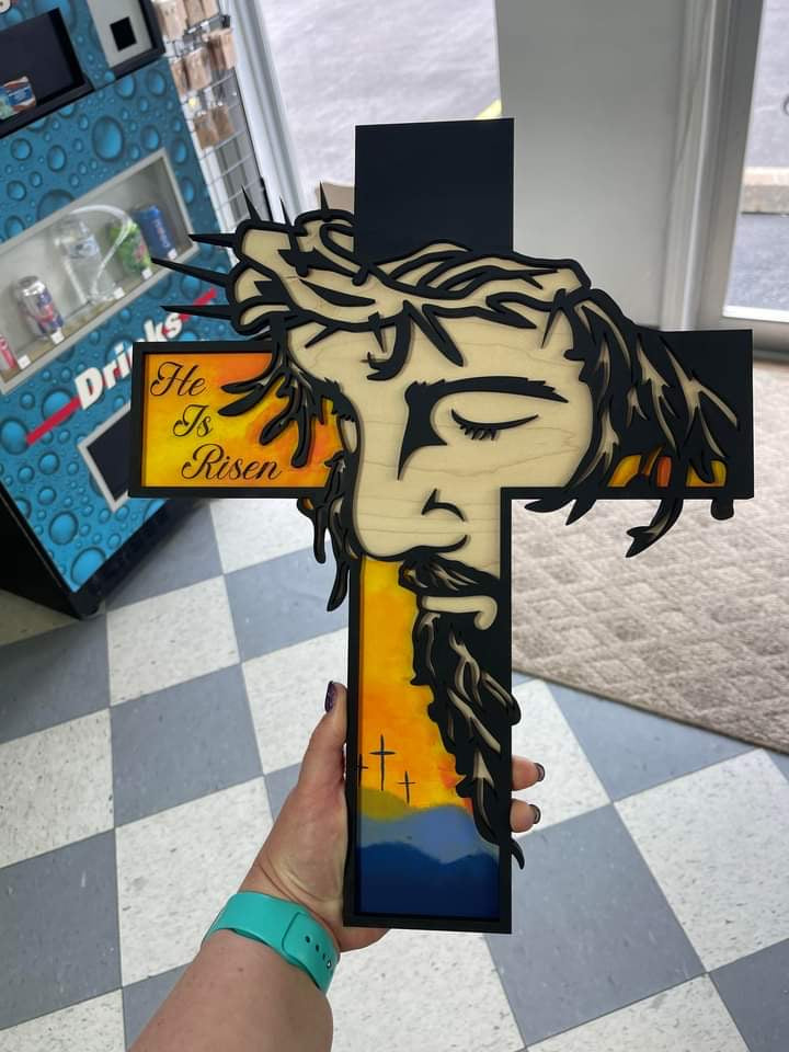 He Is Risen Religious Cross Engraved Jesus