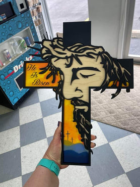 He Is Risen Religious Cross Engraved Jesus