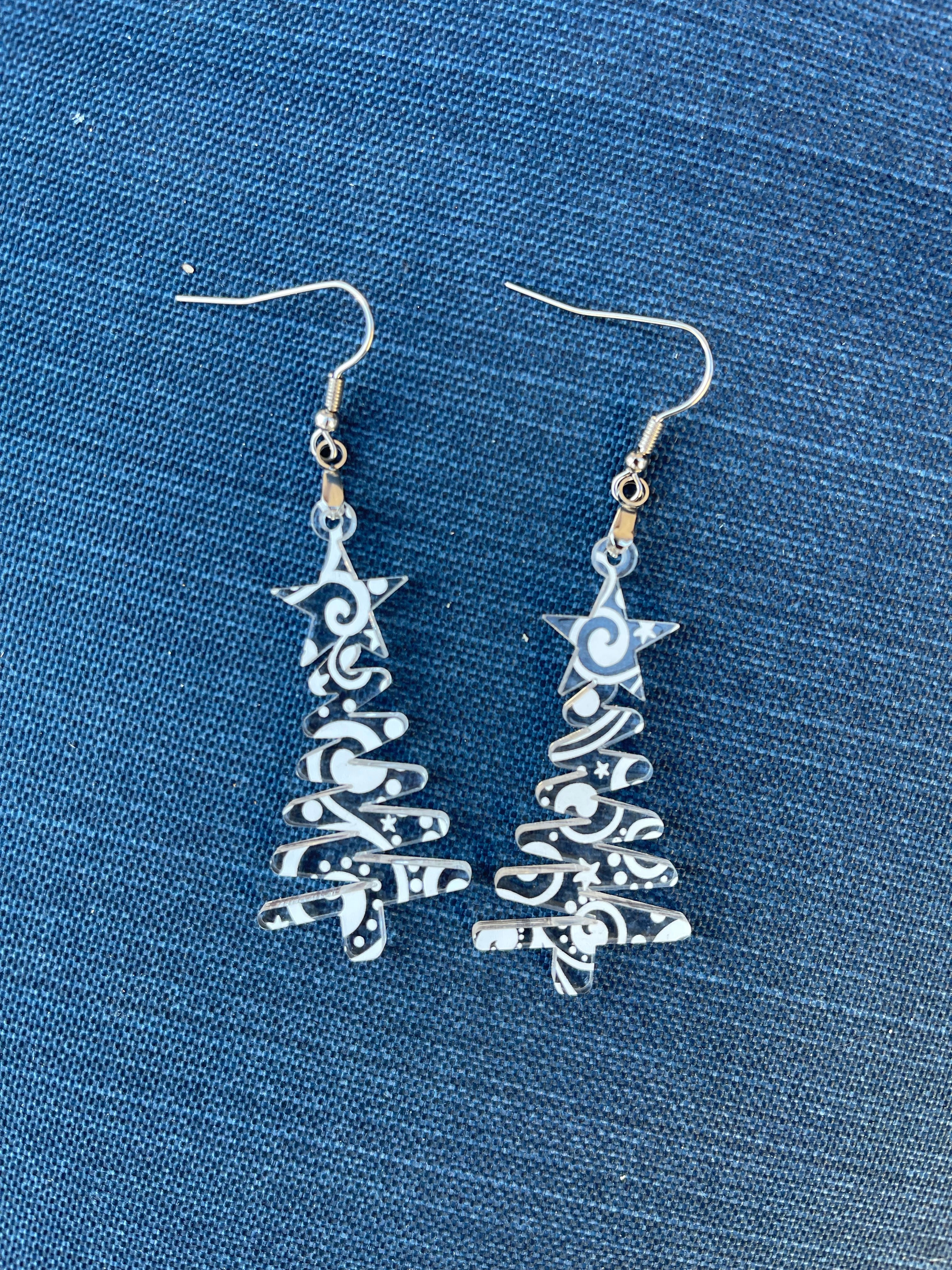 Snowflake Clear Swirls Star Doodle Christmas Tree Dangle Earrings