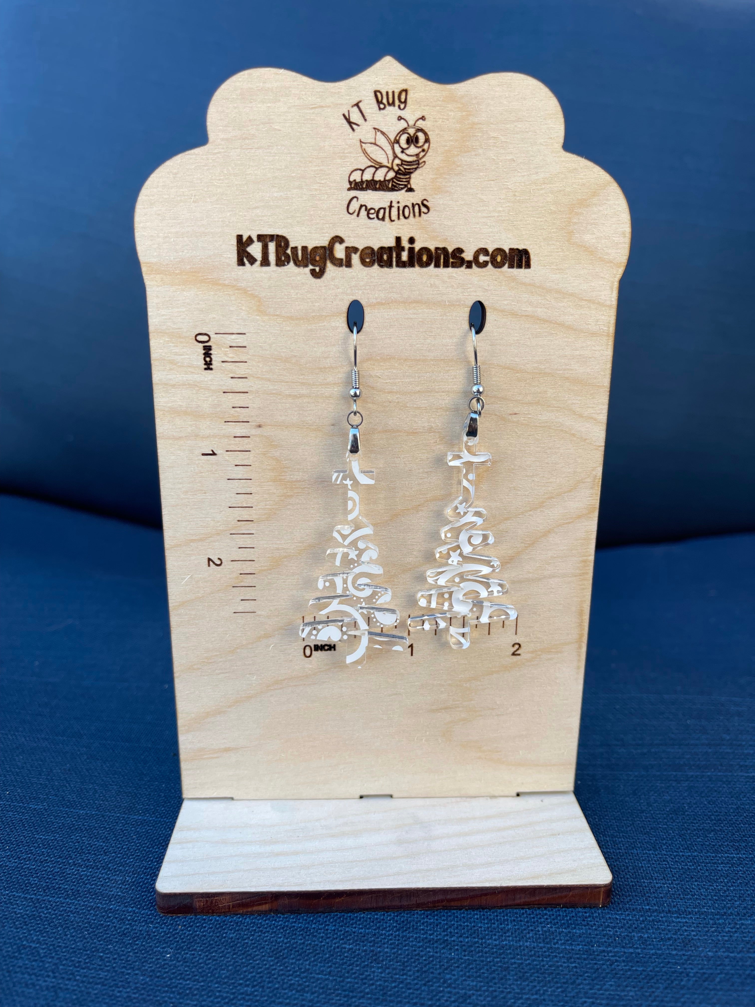 Snowflake Clear Swirls Cross Doodle Christmas Tree Dangle Earrings