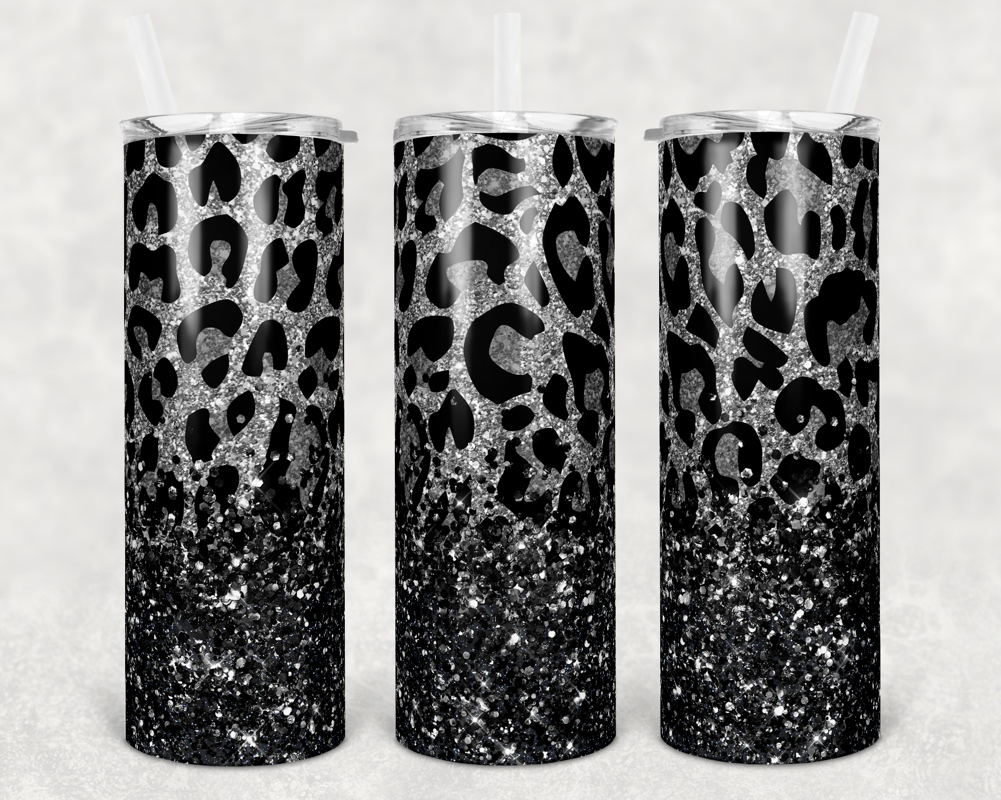Silver Leopard Print with Black Faux Glitter 20 oz Skinny Sublimation Tumbler