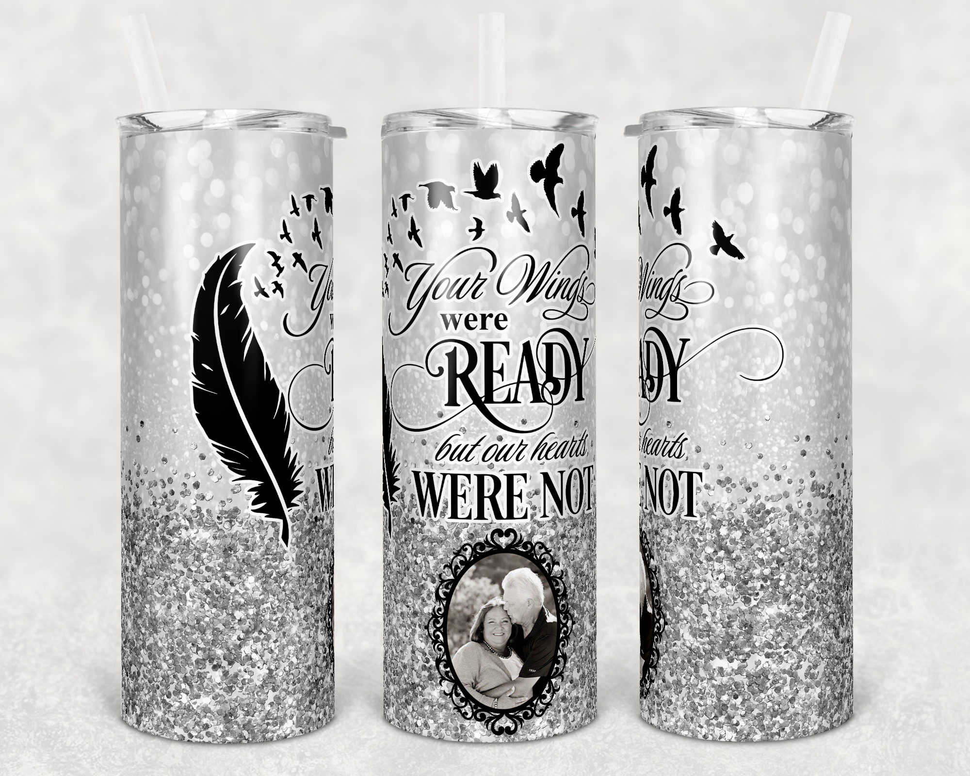 Silver Faux Glitter Your Wings Were Ready Memorial Single Custom Photo 20 oz Skinny Sublimation Tumbler