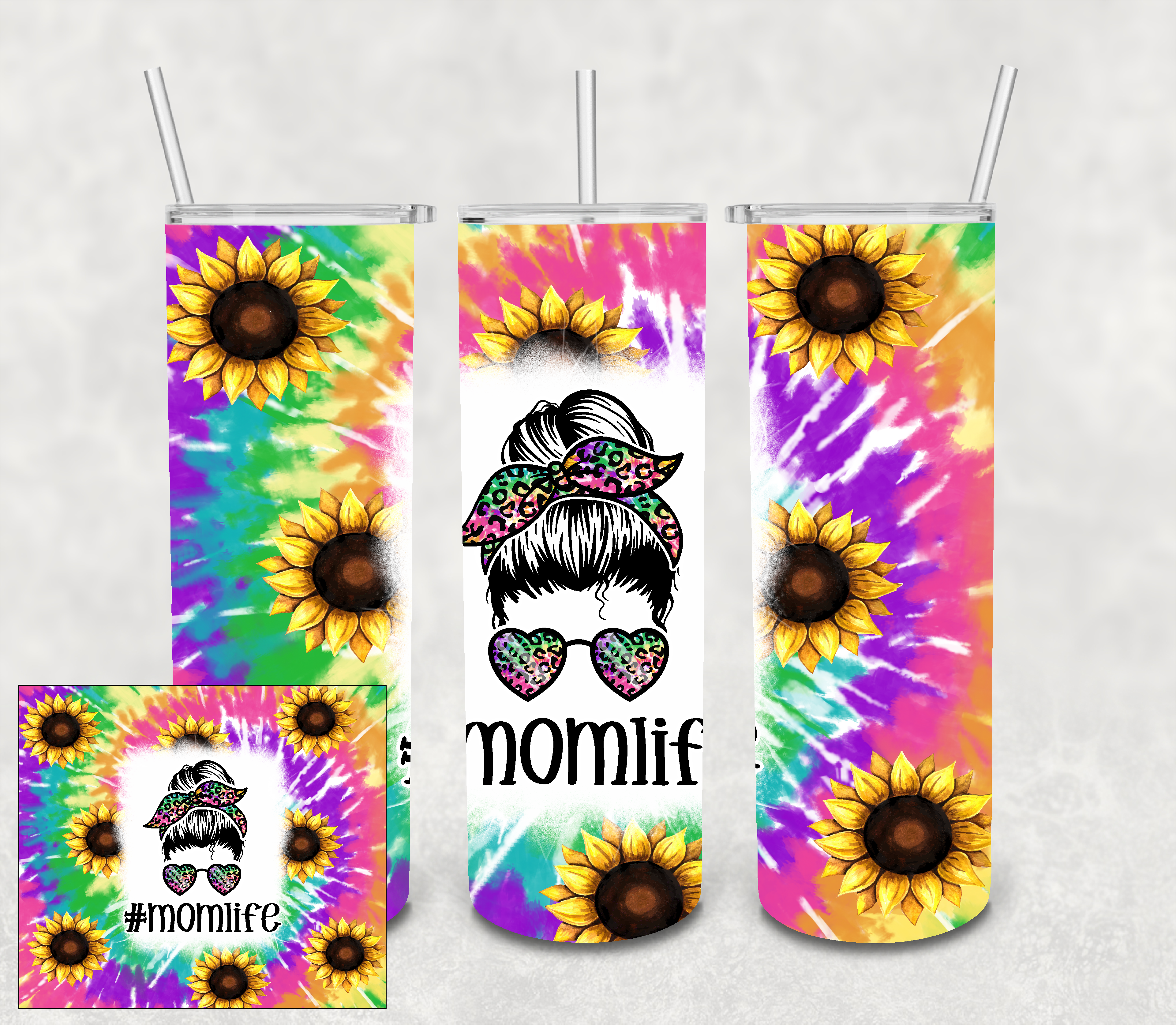 Mom Life Messy Bun Tie Dye Sunflower 20 oz Skinny Sublimation Tumbler