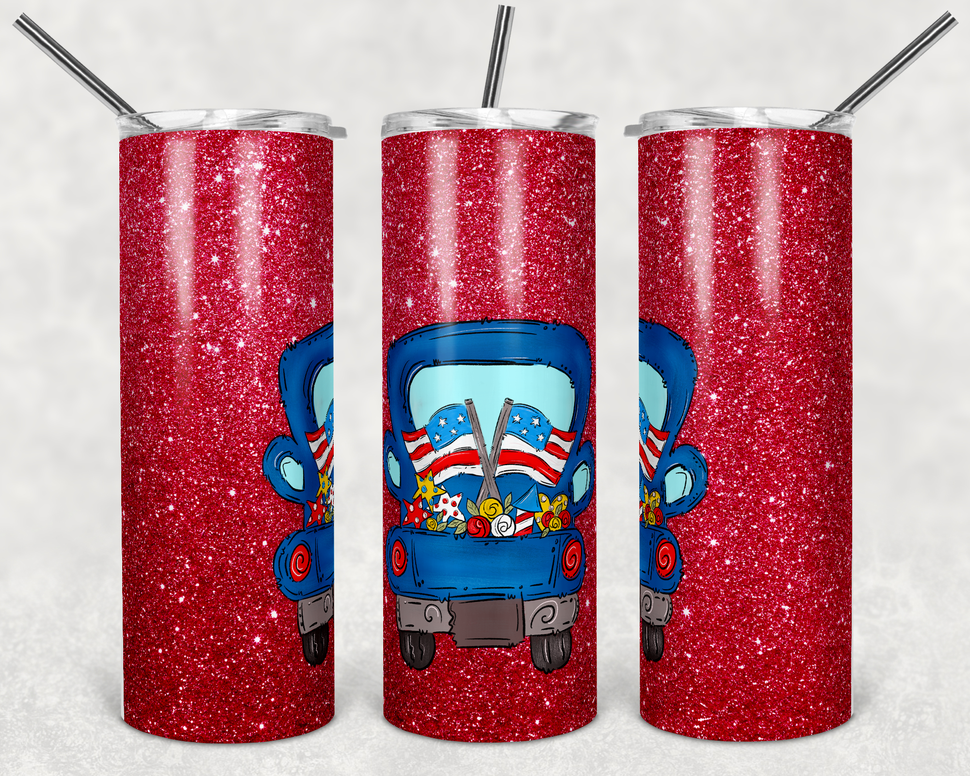 USA Truck Red Faux Glitter 20 oz Skinny Sublimation Tumbler