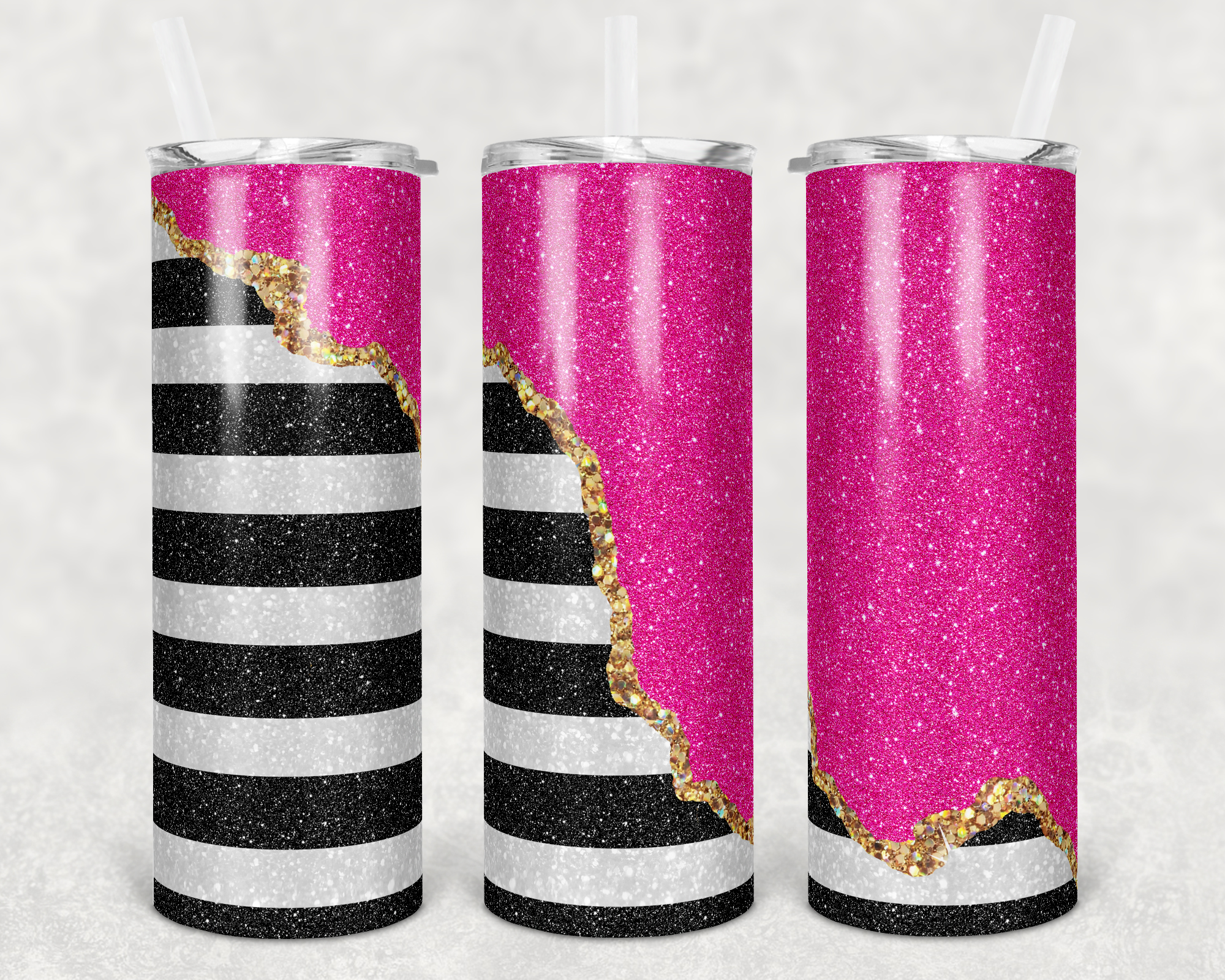 Striped Colorblock Geode Pink Faux Glitter 20 oz Skinny Sublimation Tumbler
