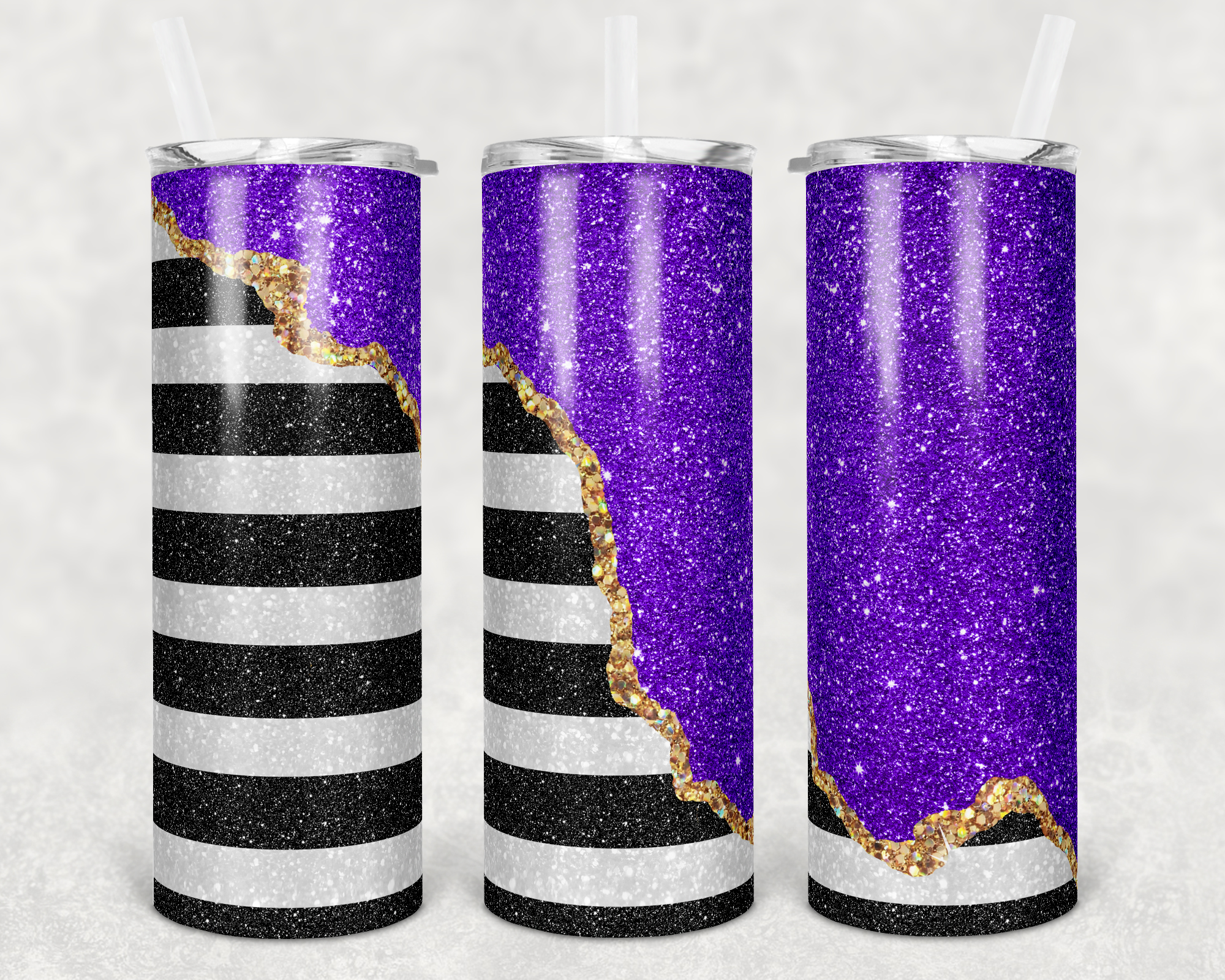 Striped Colorblock Geode Purple Faux Glitter 20 oz Skinny Sublimation Tumbler