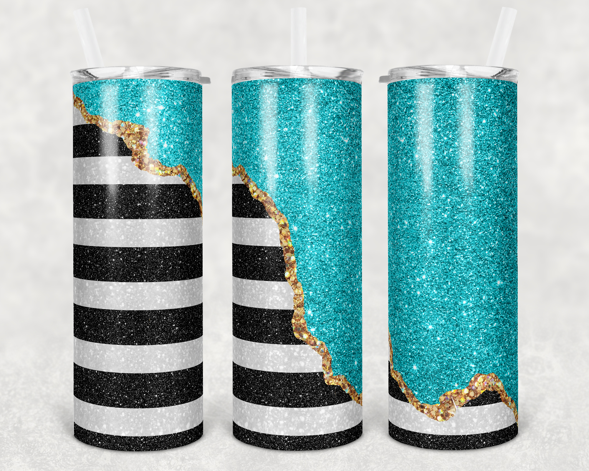 Striped Colorblock Geode Teal Faux Glitter 20 oz Skinny Sublimation Tumbler