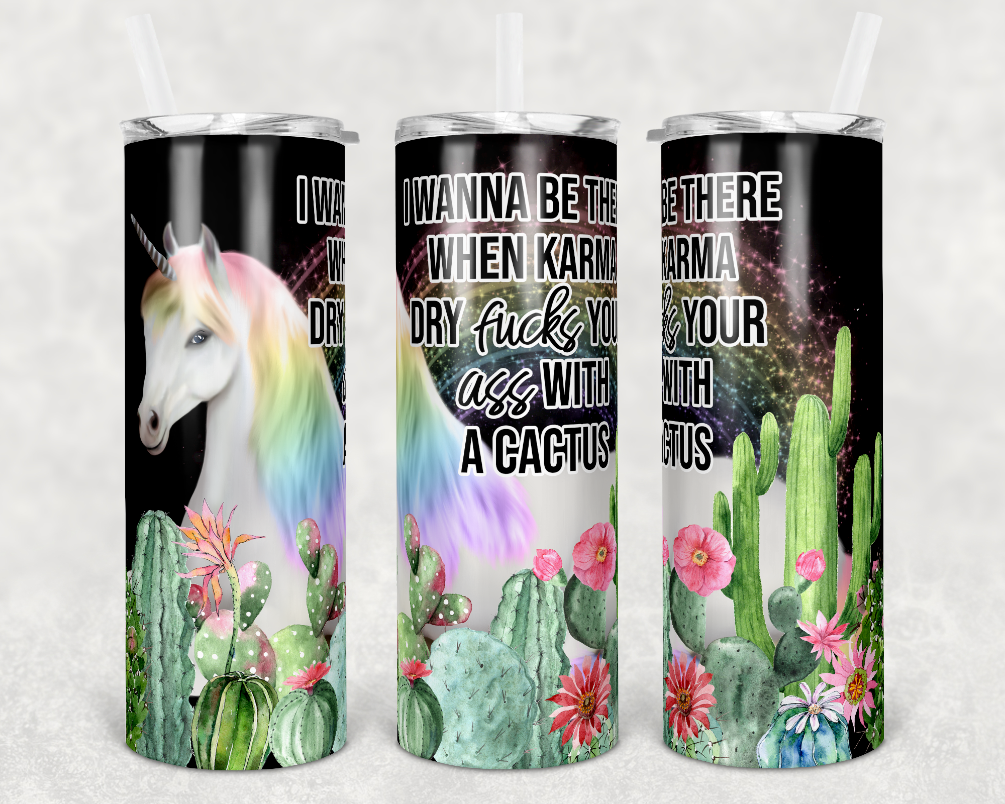 NSFW Unicorn Cactus Karma Black Background 20 oz Skinny Sublimation Tumbler
