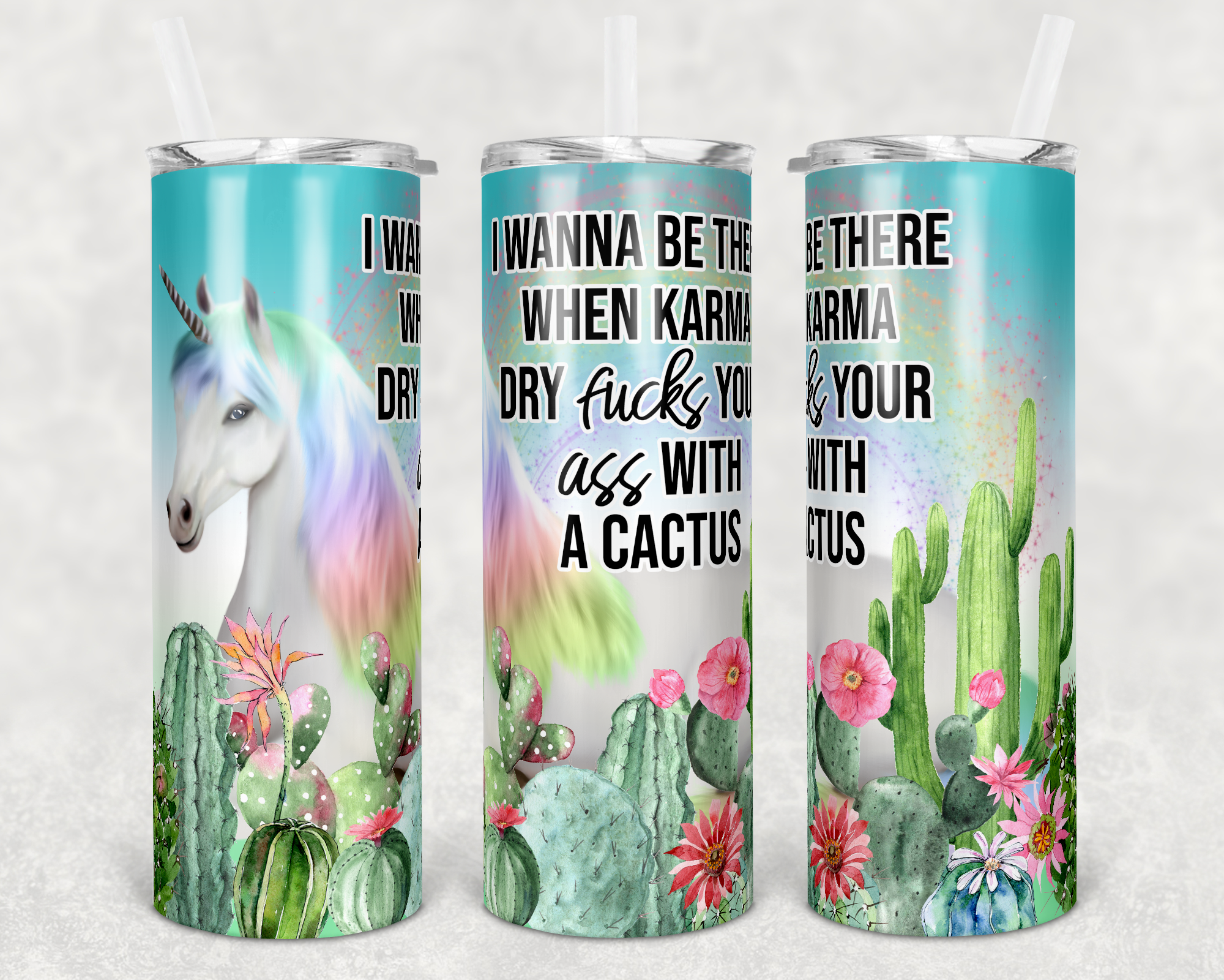 NSFW Unicorn Cactus Karma Light Background 20 oz Skinny Sublimation Tumbler
