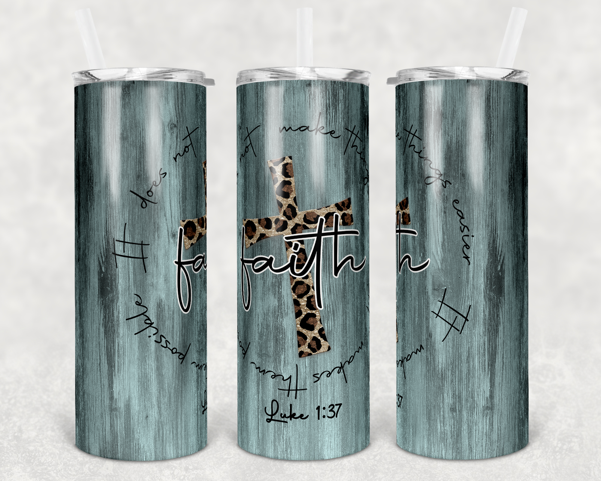 Wood Grain Mint Leopard Print Cross 20 oz Skinny Sublimation Tumbler