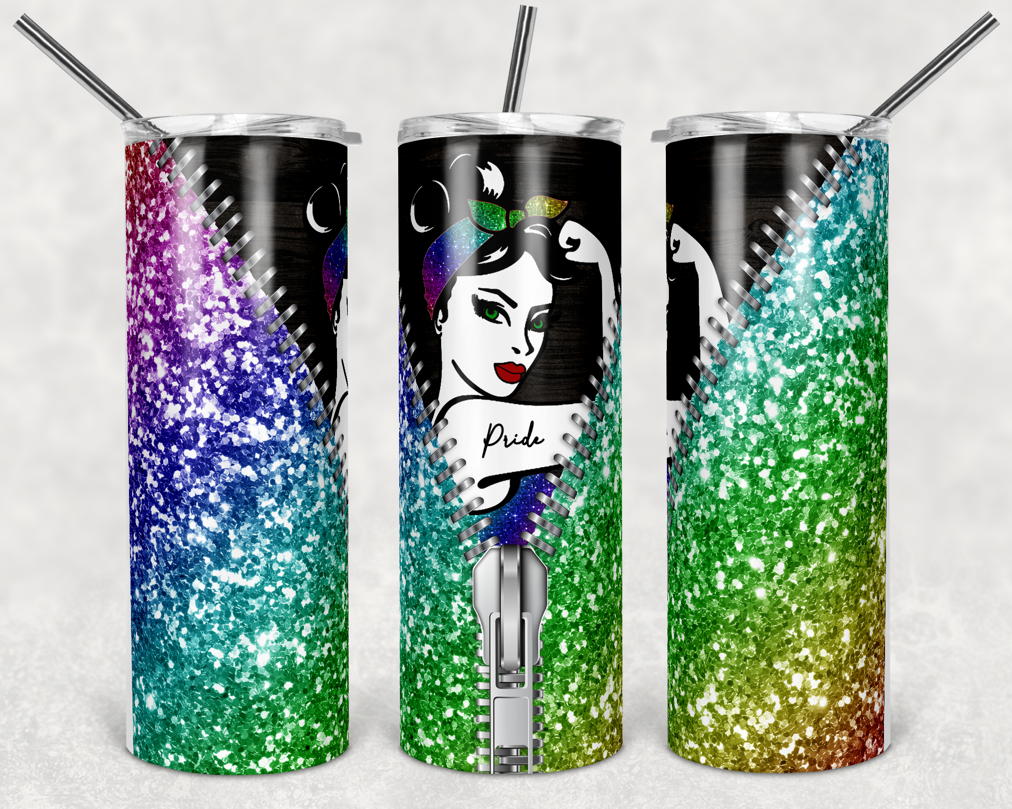 Rainbow Faux Glitter Zipper Pride Rosie 20 oz Skinny Sublimation Tumbler