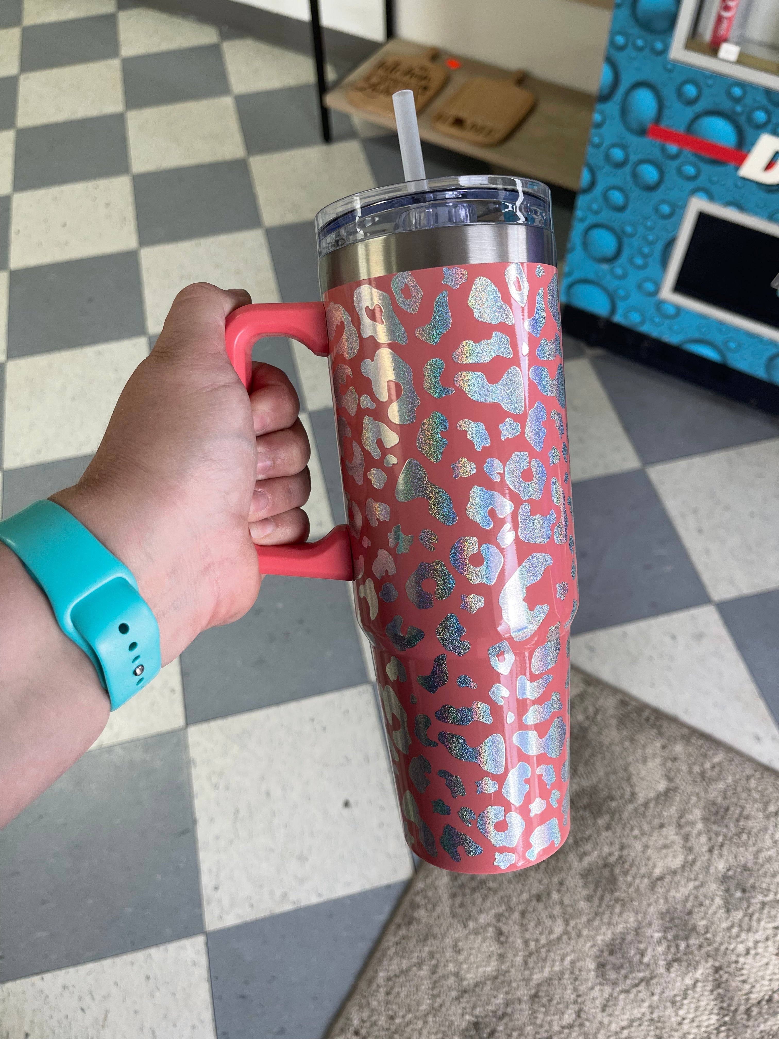 40 Oz Tumbler - Holographic Leopard Print