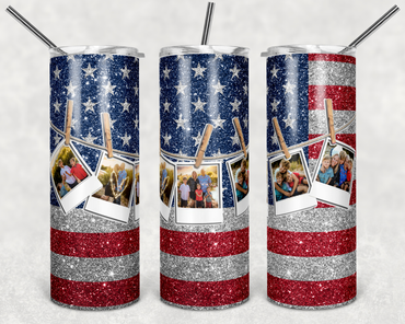 Faux Glitter Flag Polaroid Custom Photo 20 oz Skinny Sublimation Tumbler