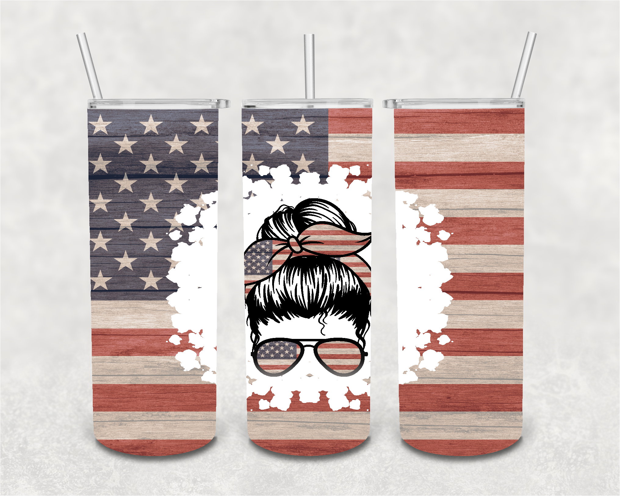 American Flag Messy Bun 20 oz Skinny Sublimation Tumbler