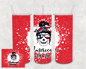 Red American Mama Messy Bun 20 oz Skinny Sublimation Tumbler