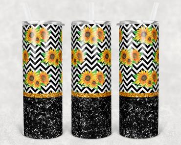 Chevron Sunflower Faux Glitter 20 oz Skinny Sublimation Tumbler