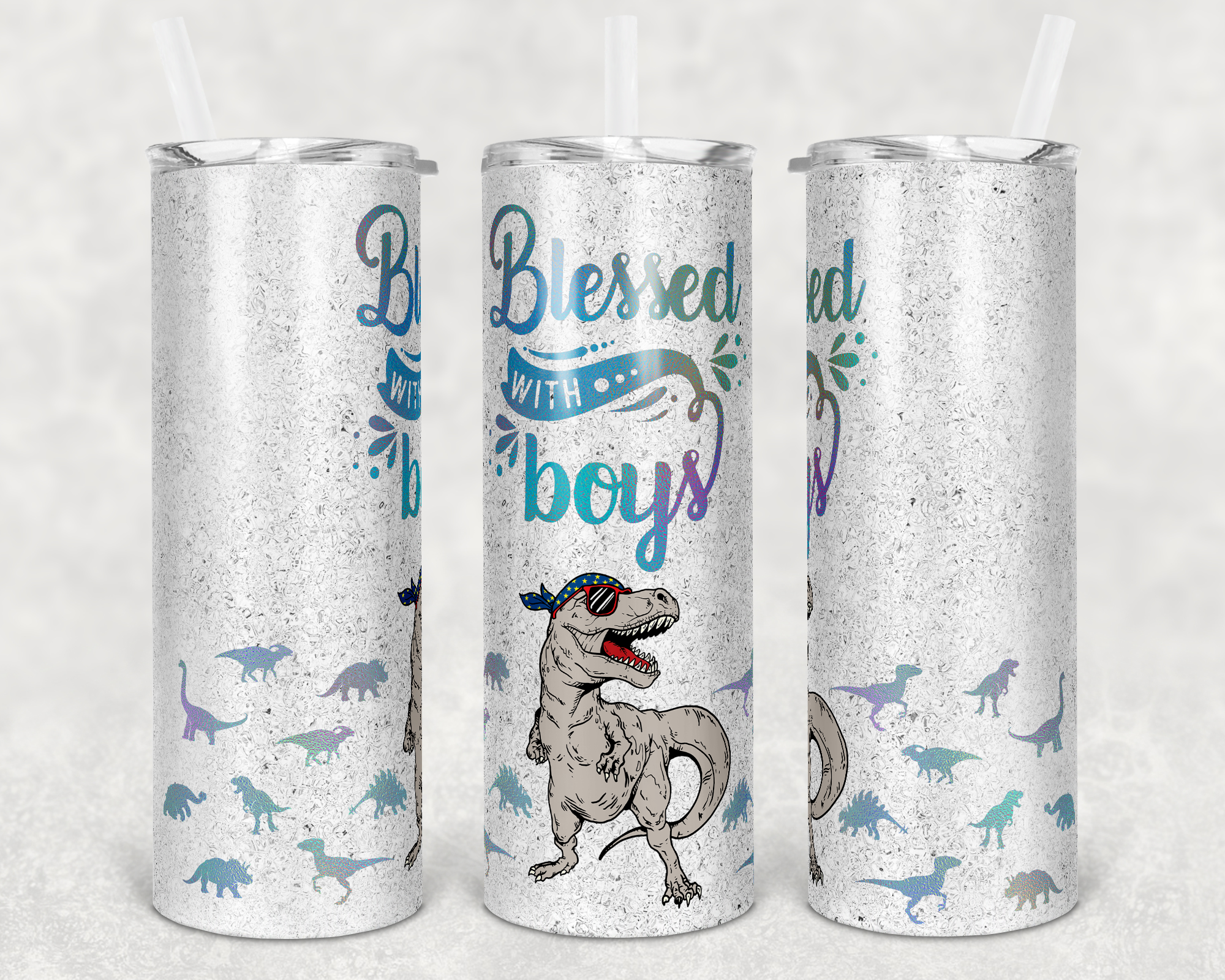 Blessed with Boys T-Rex Blue Writing 20 oz Skinny Sublimation Tumbler