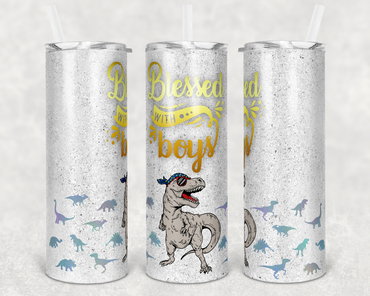 Blessed with Boys T-Rex Yellow Writing 20 oz Skinny Sublimation Tumbler