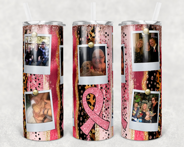 Pink Ribbon Faux Glitter Breast Cancer Custom Photo 20 oz Skinny Sublimation Tumbler