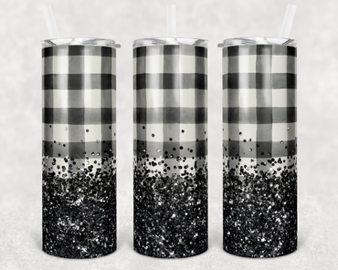 Black and White Plaid with Faux Glitter 20 oz Skinny Sublimation Tumbler