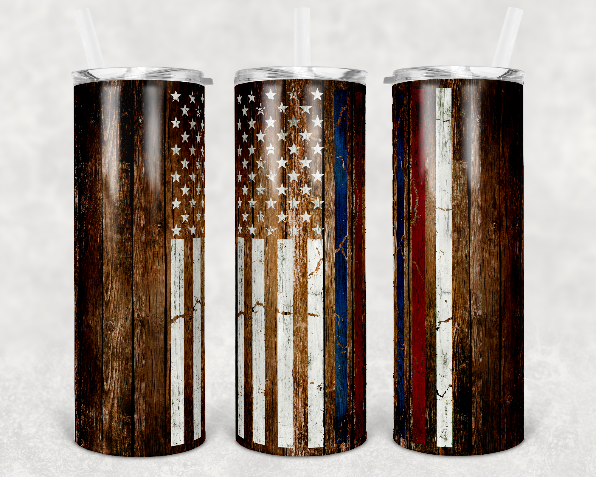 Thin Red Line Thin Blue Line Flag on Wood 20 oz Skinny Sublimation Tumbler