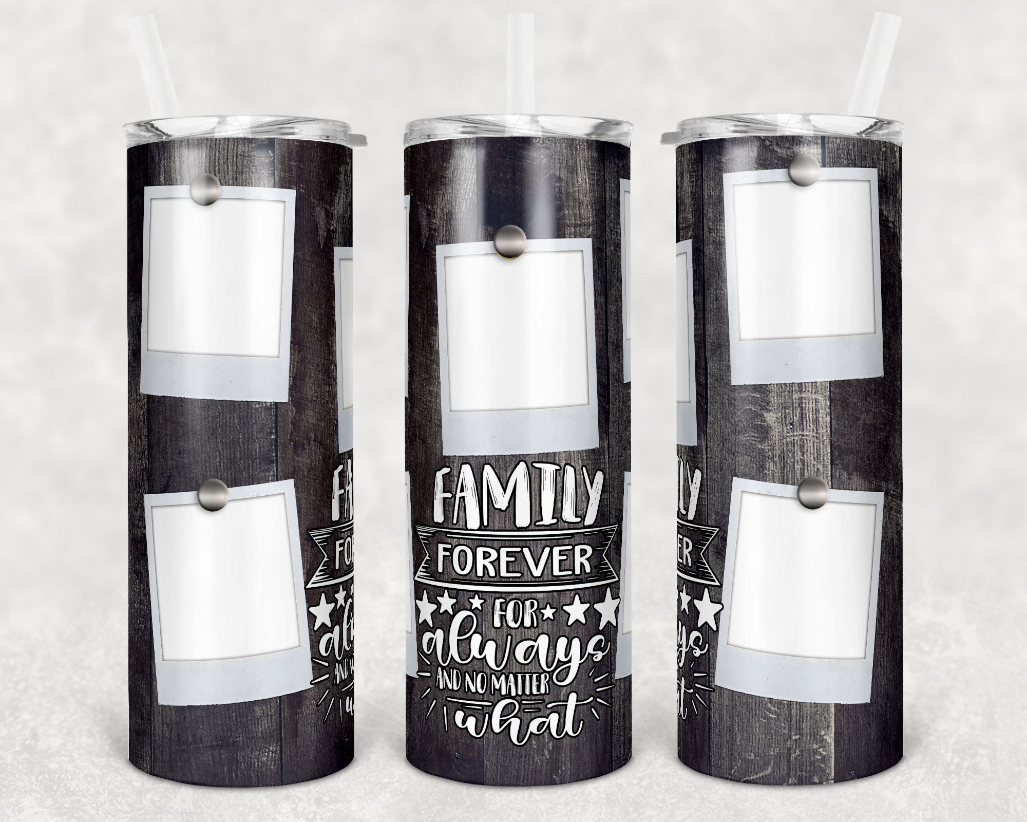 Family Forever Dark Wood Background Custom Photo 20 oz Skinny Sublimation Tumbler