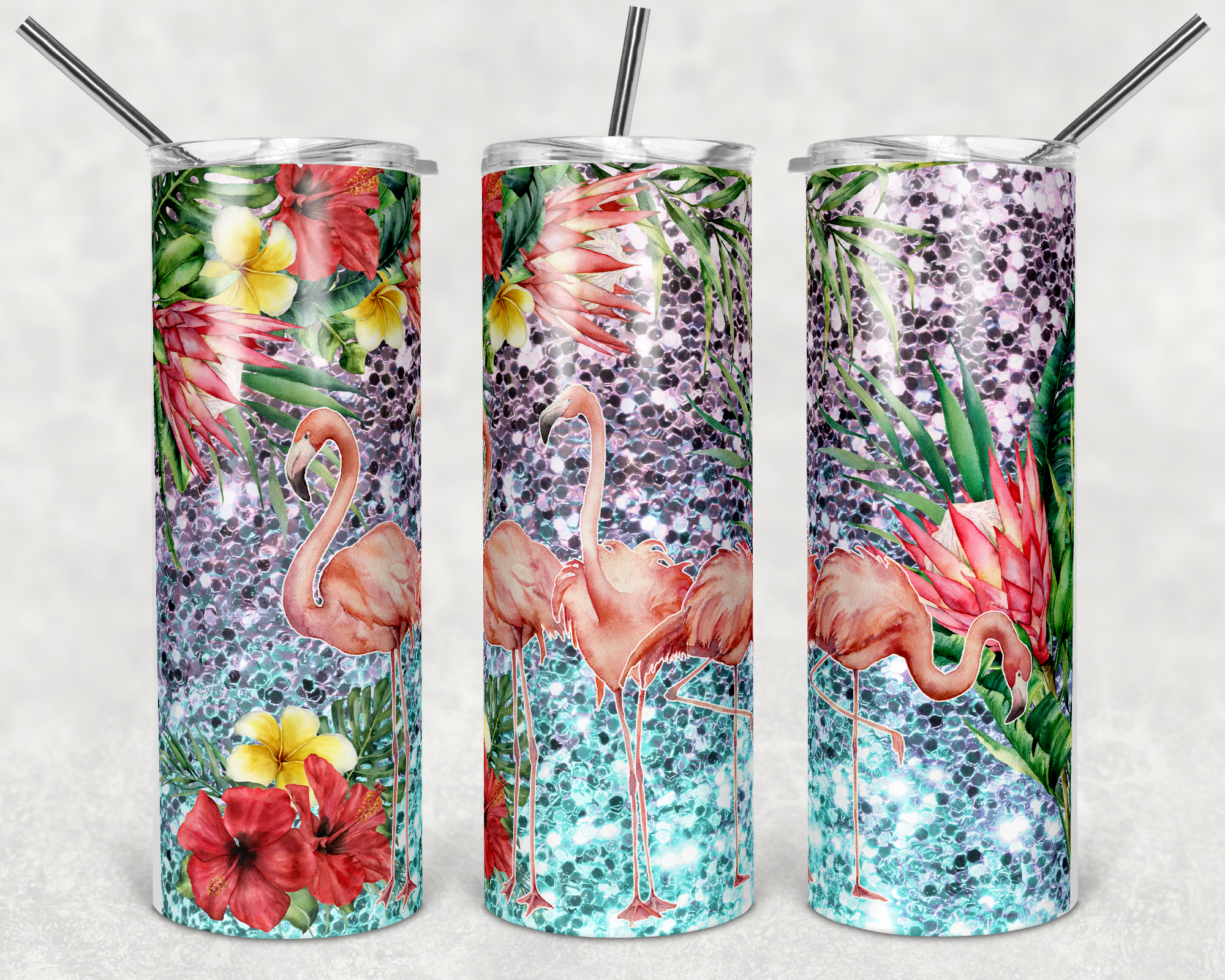 Faux Glitter Flamingo 20 oz Skinny Sublimation Tumbler