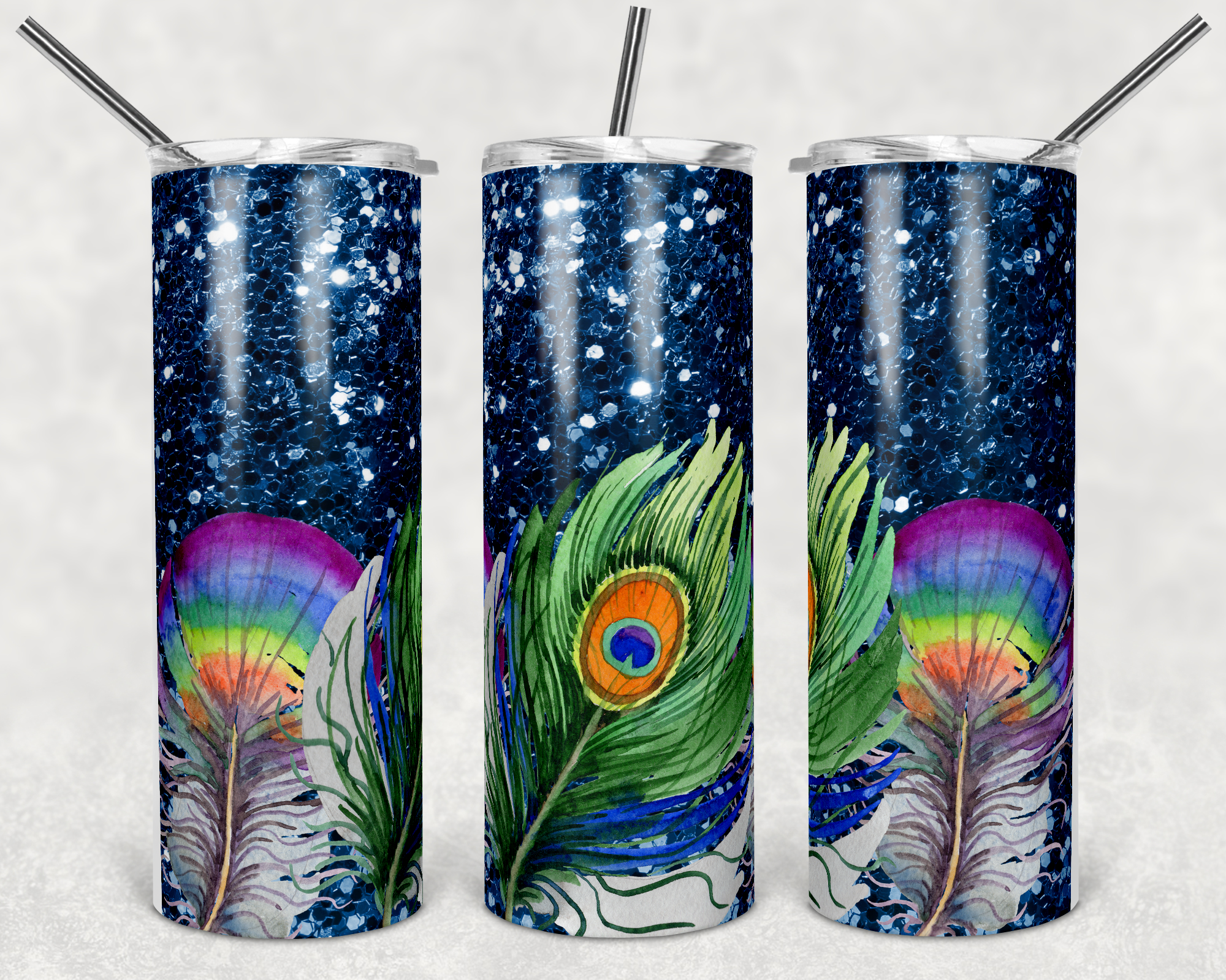 Rainbow Peacock Feather Faux Glitter 20 oz Skinny Sublimation Tumbler