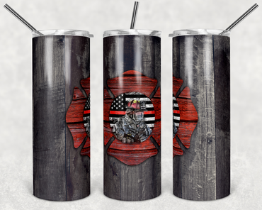 Dark Wood Background Firefighter 20 oz Skinny Sublimation Tumbler