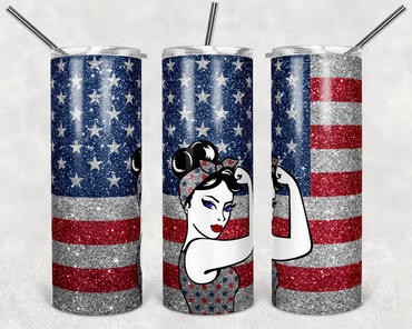 Flag Rosie Faux Glitter 20 oz Skinny Sublimation Tumbler