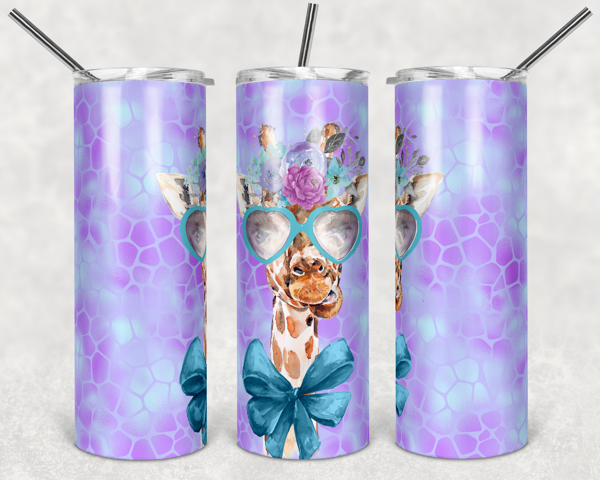 Purple and Teal Giraffe with Sunglasses 20 oz Skinny Sublimation Tumbler