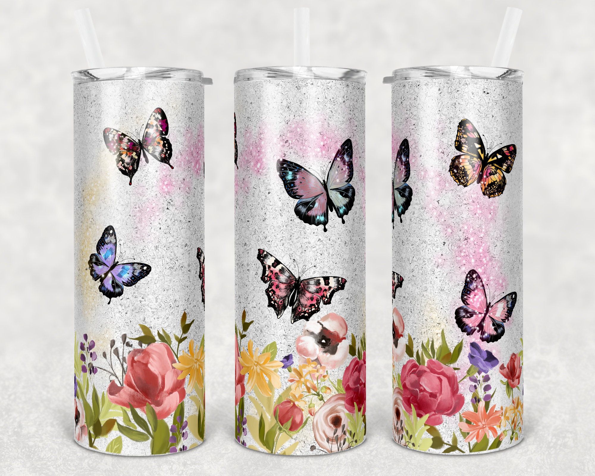 Faux Glitter Butterfly 20 oz Skinny Sublimation Tumbler