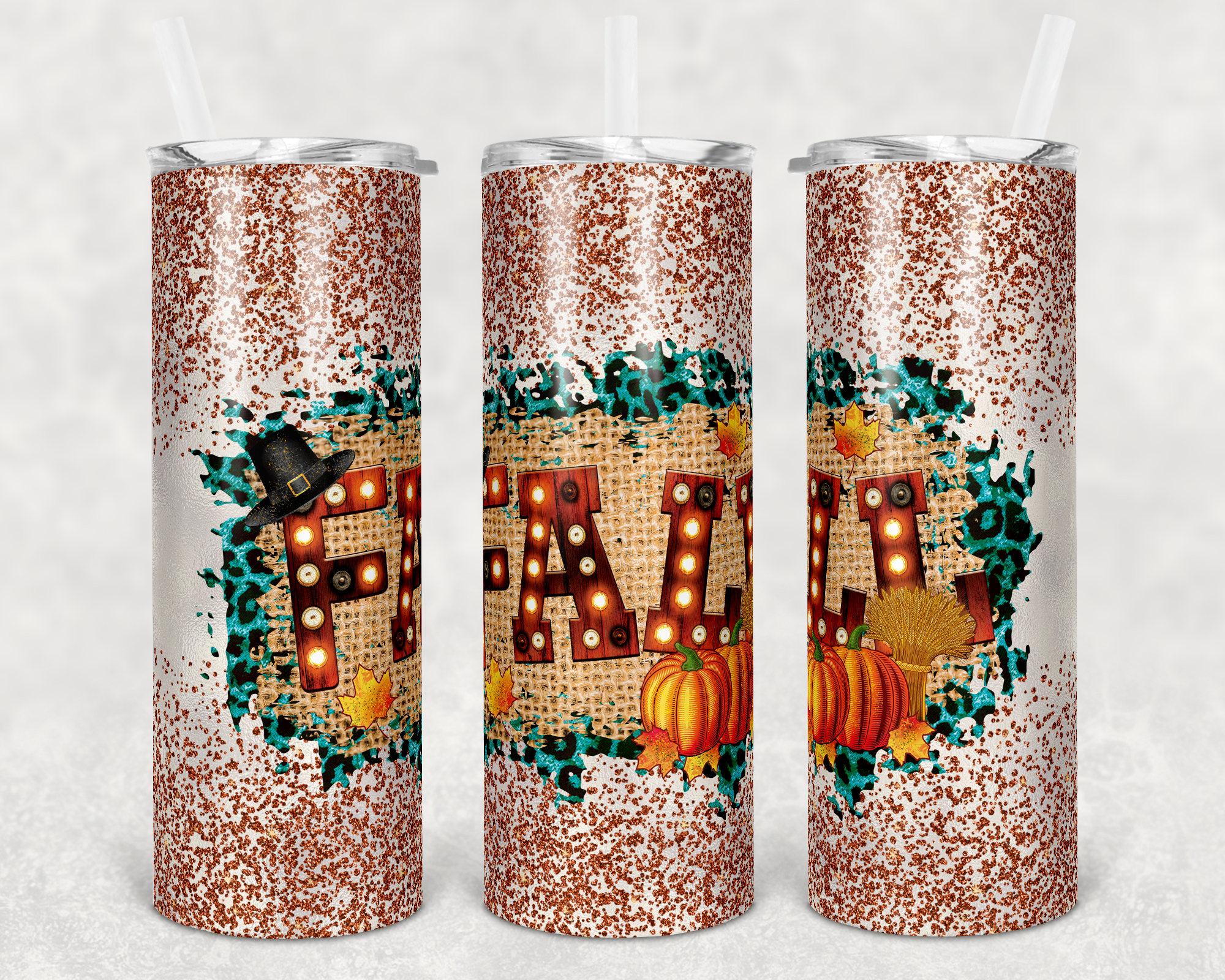 Faux Glitter Leopard Print Fall 20 oz Skinny Sublimation Tumbler