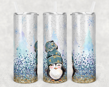 Faux Glitter Snowy Penguin 20 oz Skinny Sublimation Tumbler