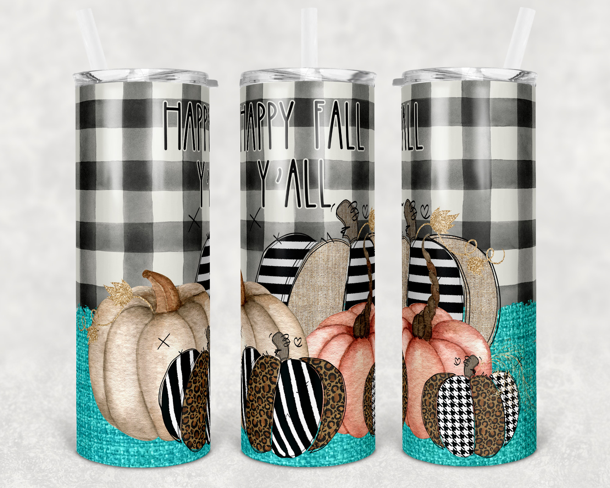 Happy Fall Y'all Teal Burlap 20 oz Skinny Sublimation Tumbler