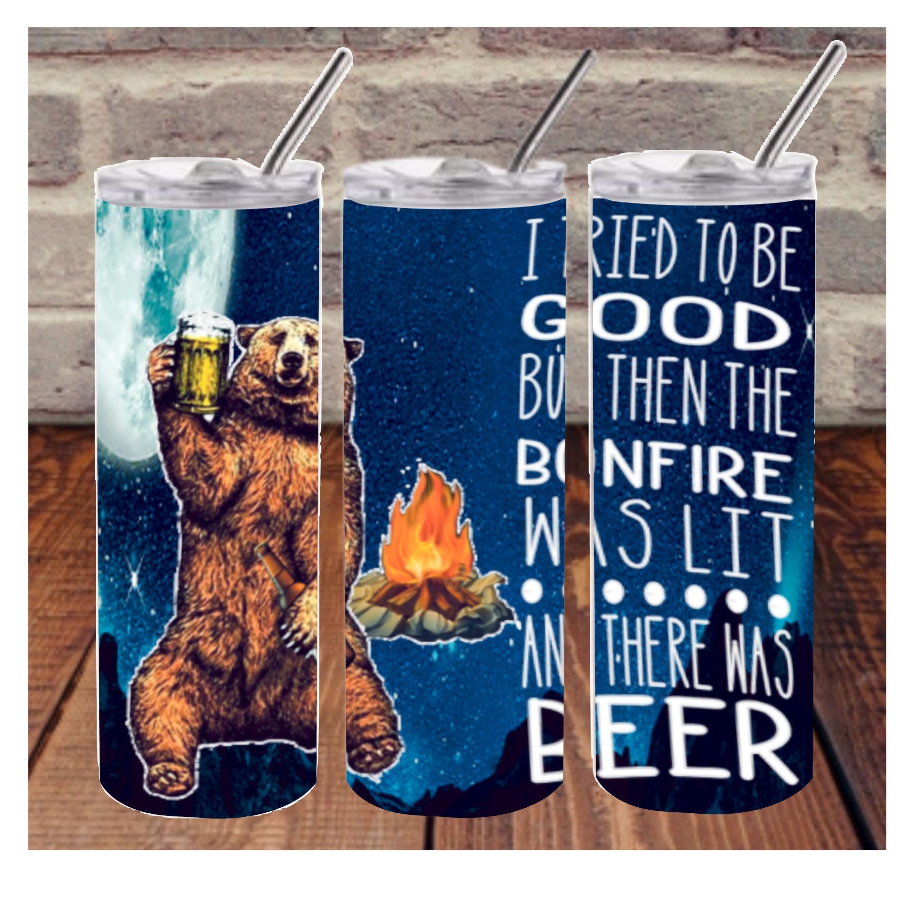 Funny Bonfire Beer Bear Tumbler 20 oz Skinny Sublimation Tumbler