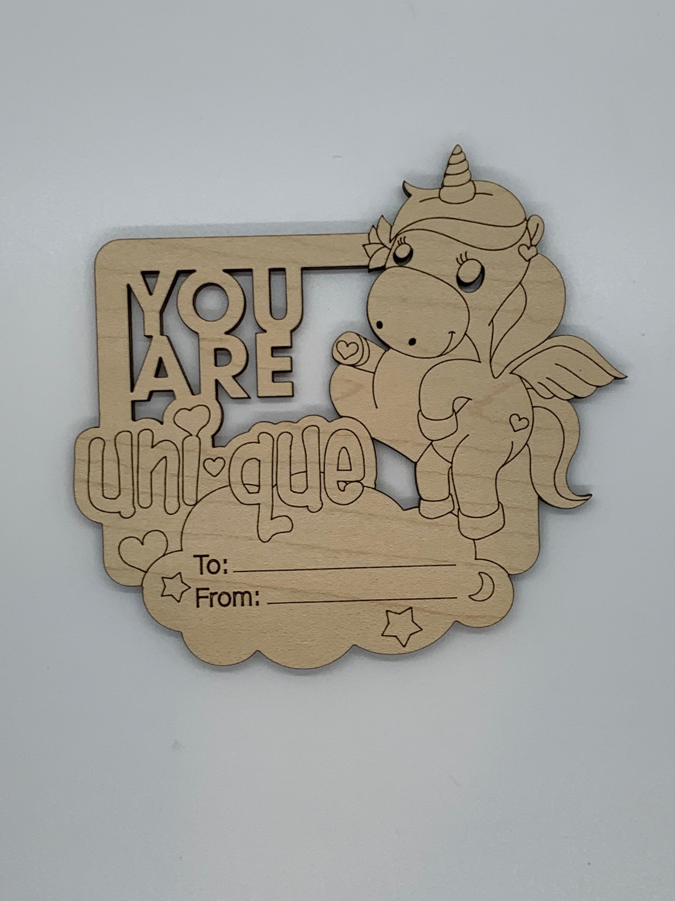 Valentine: DIY Coloring Valentines Wooden Laser Cut and Engraved Unicorns