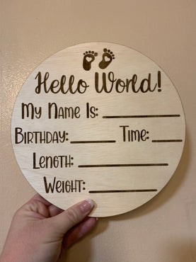 Baby Announcement Wooden Sign Birth Stats Circle | Hello World Sign | New Baby Photo Prop