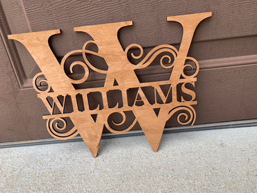 Split Letter Monogram Last Name Sign