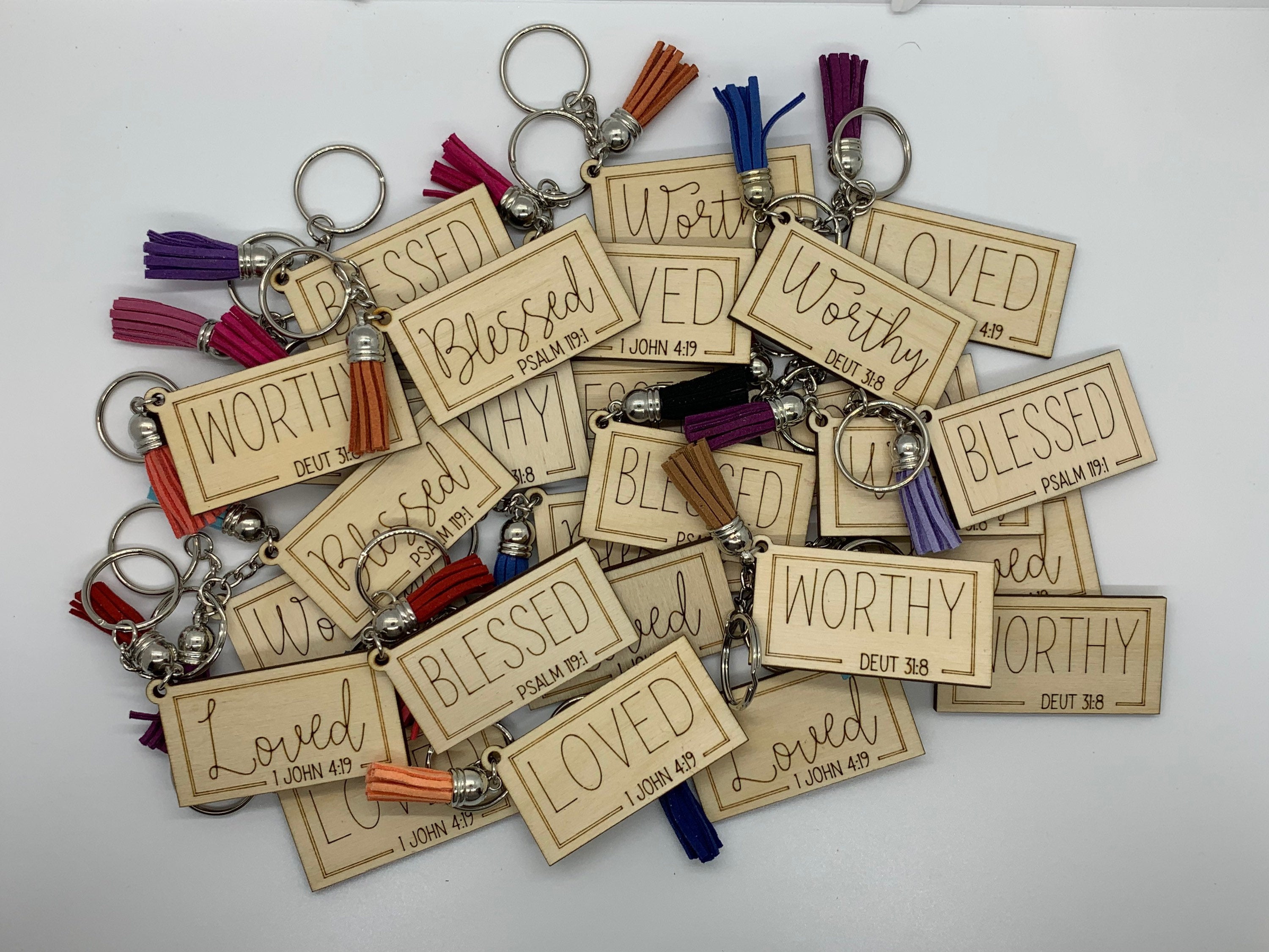 God’s Promises Wooden Laser Engraved Keychains with Tassel and Scripture