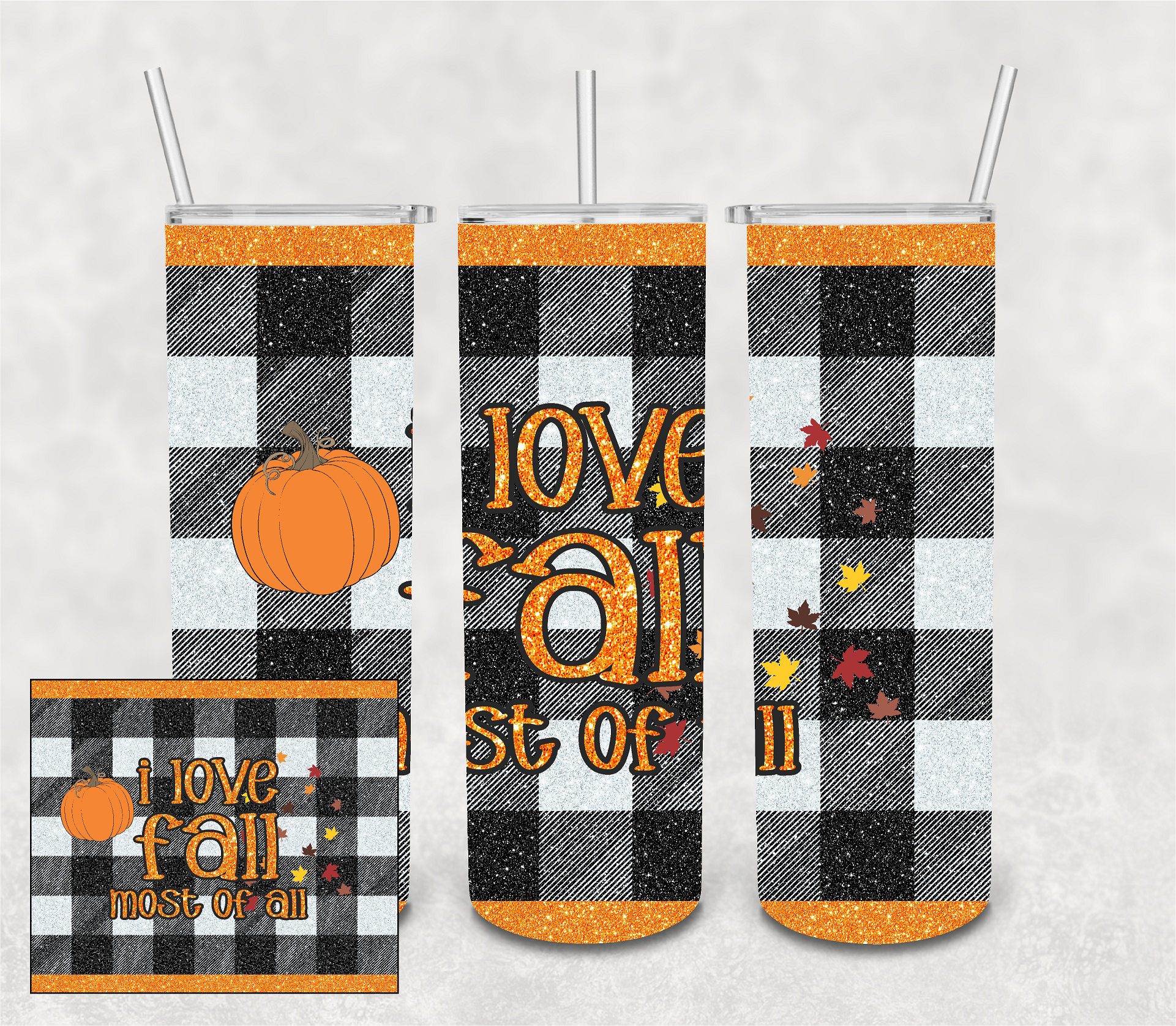 I Love Fall Most of All Pumpkin Plaid 20 oz Skinny Sublimation Tumbler